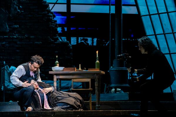 Felipe Barral (right) filming "La Boheme" for The Atlanta Opera during a rehearsal session at Cobb Energy Performing Arts Centre in Atlanta on Jan. 17, 2024.