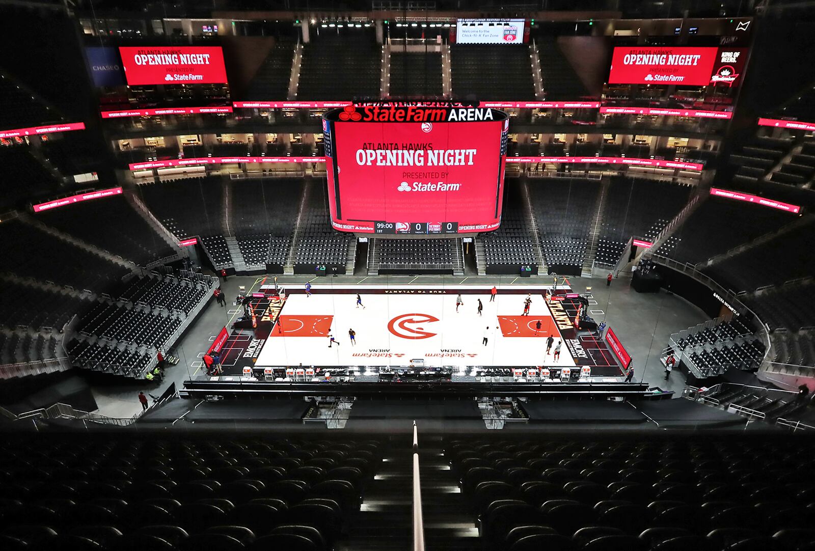 State Farm Arena is mostly empty as the Atlanta Hawks prepare to play the Detroit Pistons in their home opener Monday, Dec. 28, 2020, in Atlanta. (Curtis Compton / Curtis.Compton@ajc.com)