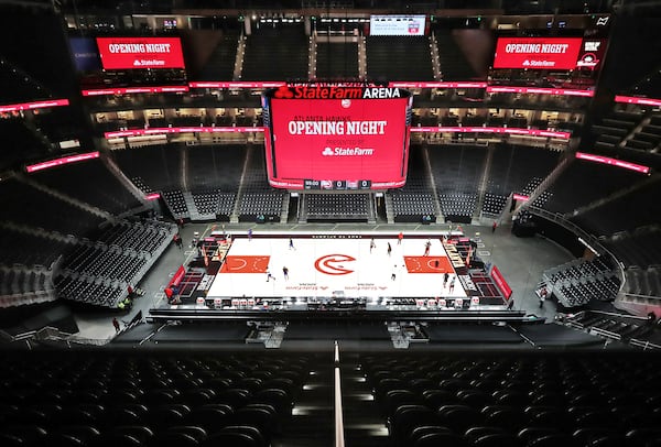 State Farm Arena is mostly empty as the Atlanta Hawks prepare to play the Detroit Pistons in their home opener Monday, Dec. 28, 2020, in Atlanta. (Curtis Compton / Curtis.Compton@ajc.com)