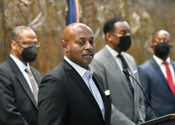 February 3, 2022 Atlanta - Atlanta Housing Authority President Eugene Jones speaks during a press conference at Atlanta City Hall on Thursday, February 3, 2022. Mayor Andre Dickens announced the settlement at City Hall with Integral Group CEO Egbert Perry and the Atlanta Housing Authority President Eugene Jones. (Hyosub Shin / Hyosub.Shin@ajc.com)