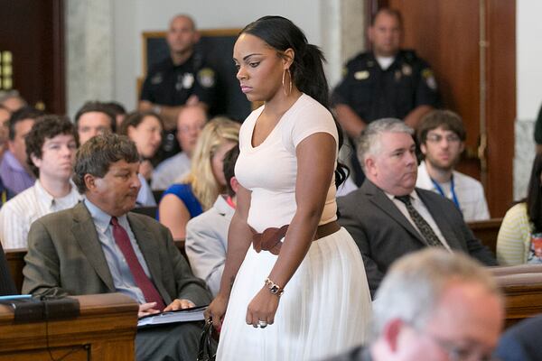 Shayanna Jenkins, girlfriend of Aaron Hernandez entered the court room. Former New England Patriots tight end Aaron Hernandez appeared in Attleboro District Court in Attleboro, Mass. on Wednesday, July 24, 2013. (Photo by Yoon S. Byun/The Boston Globe via Getty Images)