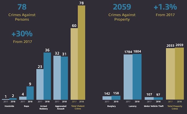 The department's report included these graphs showing changes in crime from 2017 to 2018. (Photo: Dunwoody Police Department Annual Report)