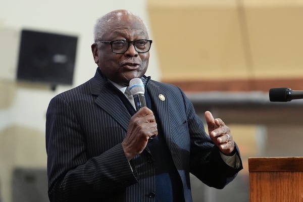 Rep James Clyburn, D-S.C., speaks during a church service attended by President Joe Biden and first lady Jill Biden, at Royal Missionary Baptist Church in North Charleston, S.C., Sunday, Jan. 19, 2025. (AP Photo/Stephanie Scarbrough)