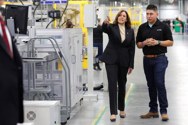 Vice President Kamala Harris tours the QCells Factory in Dalton, Ga. on Thursday, April 6, 2023. (Natrice Miller/The Atlanta Journal-Constitution)