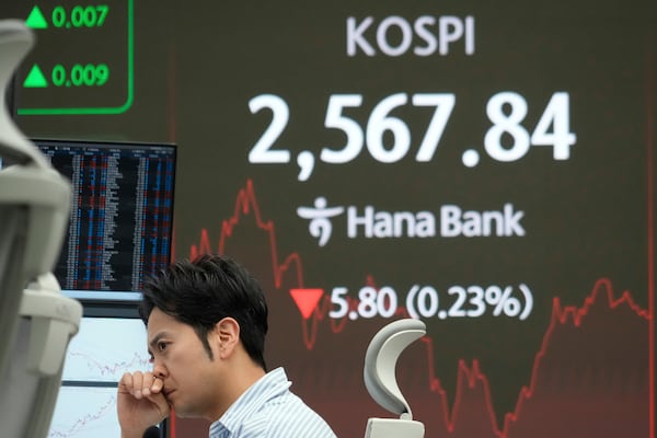 A currency trader watches monitors near a screen showing the Korea Composite Stock Price Index (KOSPI) at the foreign exchange dealing room of the KEB Hana Bank headquarters in Seoul, South Korea, Friday, March 14, 2025. (AP Photo/Ahn Young-joon)