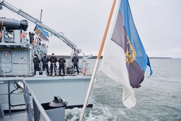 FILE - Estonian naval ships sail in the Baltic Sea on Jan. 9, 2025, as part of stepped-up NATO patrols in the region following suspected sabotage of undersea cables. (AP Photo/Hendrik Osula, File)