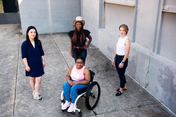 Artists (left to right) Namwon Choi, Shanequa Gay, Marianna Dixon Williams and Victoria Dugger (center) and Anila Agha (not shown) are featured in "New Worlds: Georgia Women to Watch" presented by the Georgia Committee of the National Museum of Women in the Arts at Atlanta Contemporary.
(Courtesy of NMWA-GA/Sierra King)