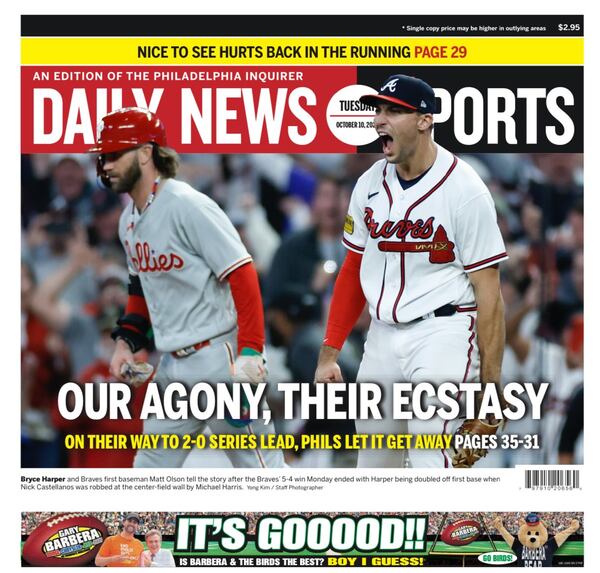 The back page of the Philadelphia Daily News following the Braves' 5-4 win over the Phillies in Game 2 of the NLDS Monday.