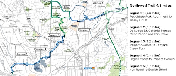 The full map of preferred corridors for the Beltline's Northwest Trail. The portion noted here as "Segment 2" was just selected as the prioritized path for that stretch of the Beltline.