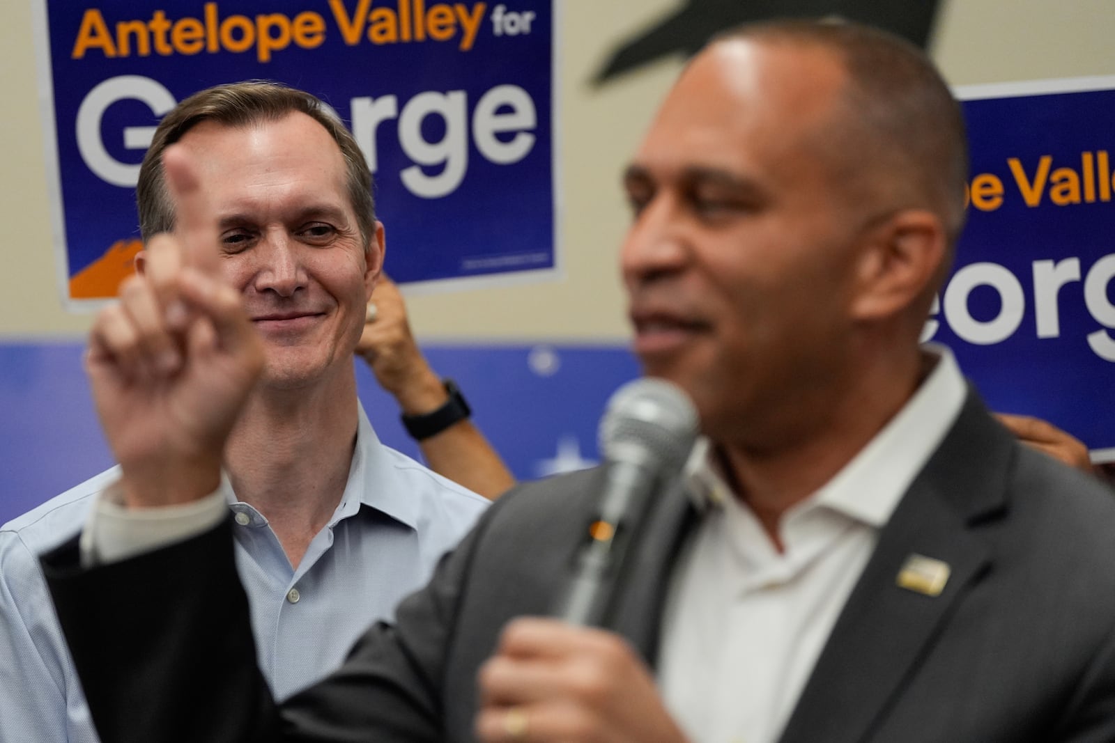 George Whitesides looks on as House Minority Leader Hakeem Jeffries, D-N.Y., speaks at a canvass launch campaign event, Sunday, Oct. 13, 2024, in Palmdale, Calif. (AP Photo/Julia Demaree Nikhinson)