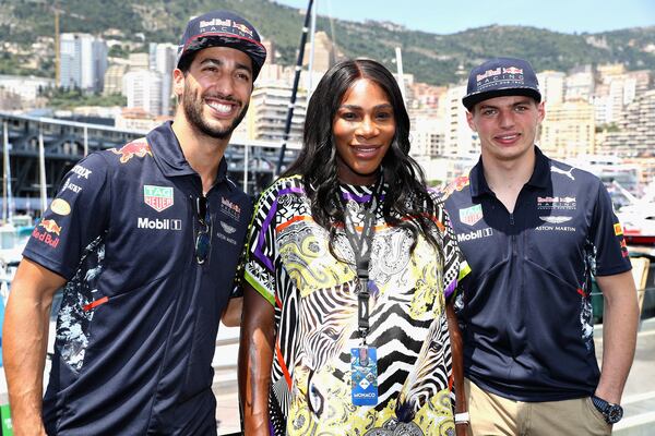 Tennis superstar Serena Williams with Daniel Ricciardo of Australia and Red Bull Racing and Max Verstappen of Netherlands and Red Bull Racing during the Monaco Formula One Grand Prix at Circuit de Monaco on May 28, 2017 in Monte-Carlo, Monaco.  (Photo by Mark Thompson/Getty Images)