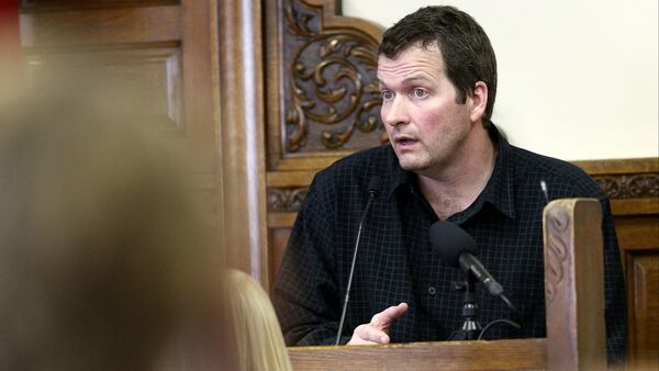 Todd Mullis, 43, testifies during his murder trial in the death of his wife, 39-year-old Amy Mullis. Todd Mullis was convicted Monday, Sept. 23, 2019, of impaling his wife with a corn rake Nov. 10, 2018, on their Earlville, Iowa farm.