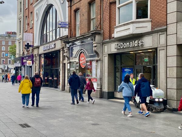 Shops along O'Connell Street in Dublin. Taken Aug. 22, 2024. (AJC photo by Ken Sugiura)