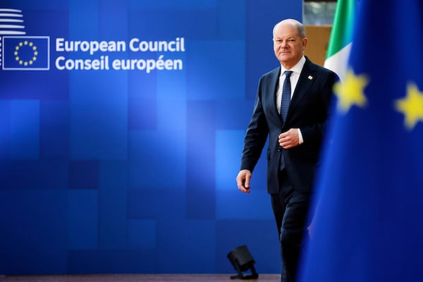 Germany's Chancellor Olaf Scholz arrives for an EU summit at the European Council building in Brussels, Thursday, March 20, 2025. (AP Photo/Geert Vanden Wijngaert)