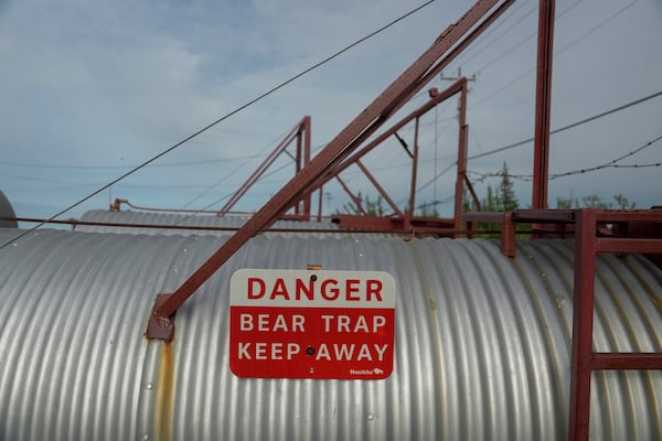 A polar bear trap sits outside the Polar Bear Holding Facility, Sunday, Aug. 4, 2024, in Churchill, Manitoba. (AP Photo/Joshua A. Bickel)