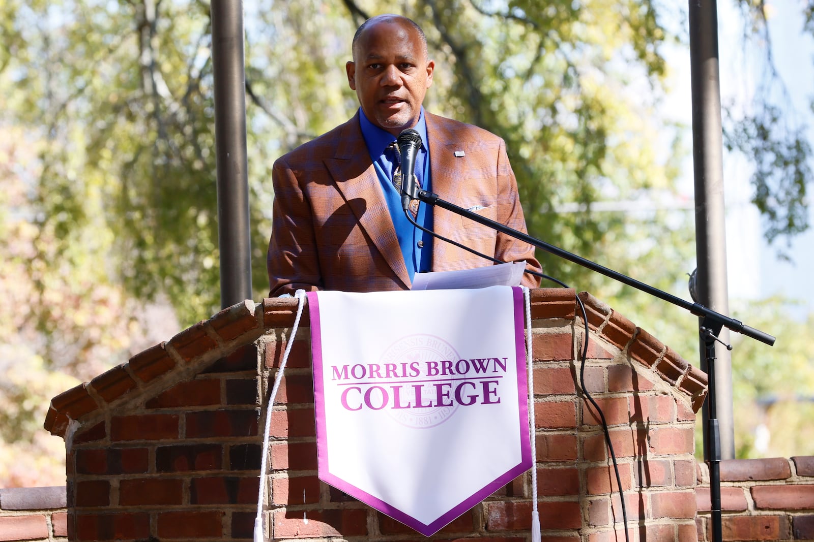 Jeffrey Du Bois Peck Sr. speaks during the unveiling of the marker honoring the life and legacy of his great-grandfather, W.E.B. Du Bois, at Morris Brown College on Wednesday, October 16, 2024.
(Miguel Martinez / AJC)