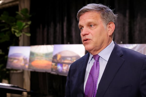 Dr. Douglas Brinkley, a history professor at Rice University, speaks about the legacy of the Astrodome during a press conference held by the Astrodome Conservancy at The Ion, Wednesday, Nov. 13, 2024, in Houston, about proposed renovations for the now dormant Astrodome. (AP Photo/Michael Wyke)