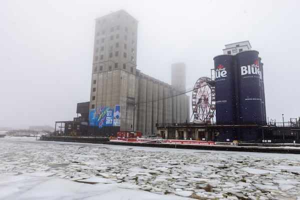 Old silos are repainted to look like Labatt Blue cans, Thursday, Feb. 27, 2025, in Buffalo, N.Y. (AP Photo/Lauren Petracca)