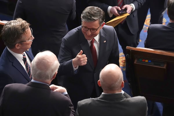 House Speaker Mike Johnson, R-La., gives a thumbs-up as the House of Representatives meets to elect a speaker and convene the new 119th Congress at the Capitol in Washington, Friday, Jan. 3, 2025. (AP Photo/Jacquelyn Martin)