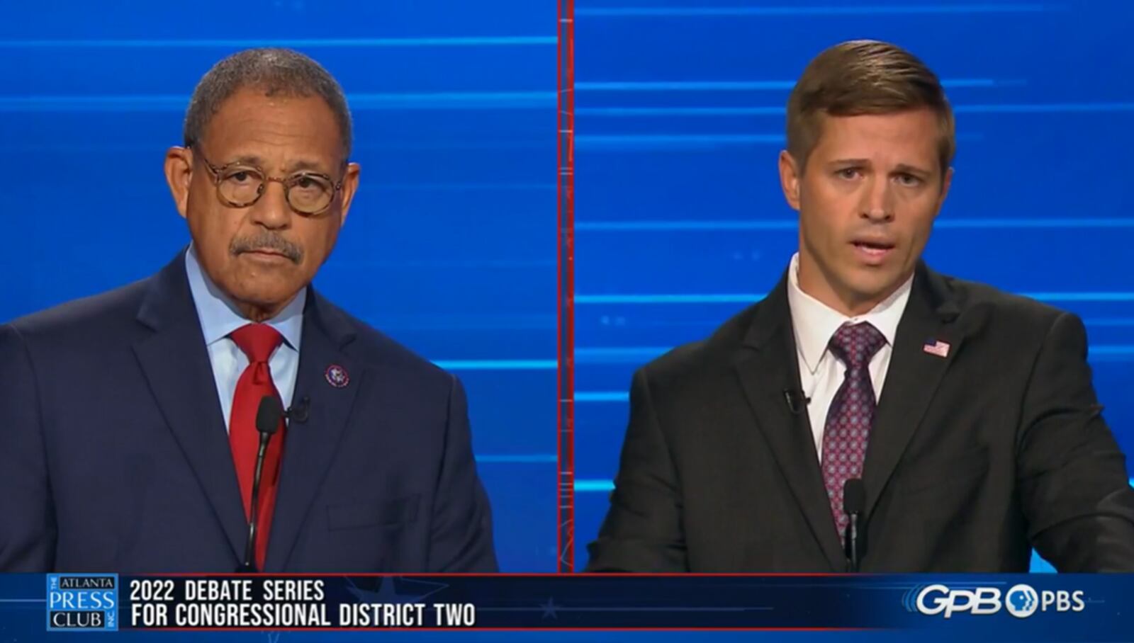 Democratic U.S. Rep. Sanford Bishop (left) and his Republican challenger, Chris West, candidates in Georgia's 2nd Congressional District, participate in the Atlanta Press Club's Loudermilk-Young debate series on Oct. 16, 2022. Another poll of voters shows they are in a tight race. (Screenshot via Atlanta Press Club Facebook page)