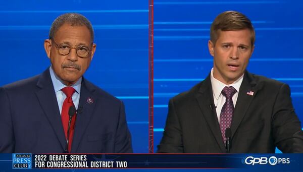 Democratic U.S. Rep. Sanford Bishop (L) and his Republican challenger, Chris West, candidates in the 2022 general election for Georgia's 2nd Congressional District, participate in the Atlanta Press Club's Loudermilk-Young debate series on Oct. 16, 2022. (Screenshot via Atlanta Press Club Facebook page)