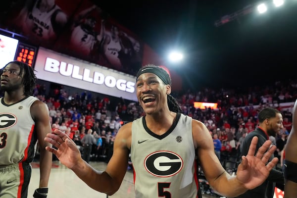 Georgia guard Silas Demary Jr. celebrates the Bulldogs' Feb. 25 upset win over Florida.