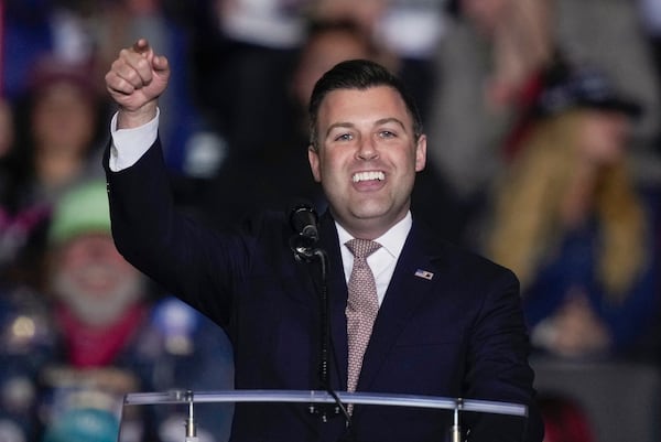 FILE - State Rep. Ryan Mackenzie speaks before Republican presidential nominee former President Donald Trump speaks at a campaign rally in Allentown, Pa., Oct. 29, 2024. (AP Photo/Matt Rourke, File)