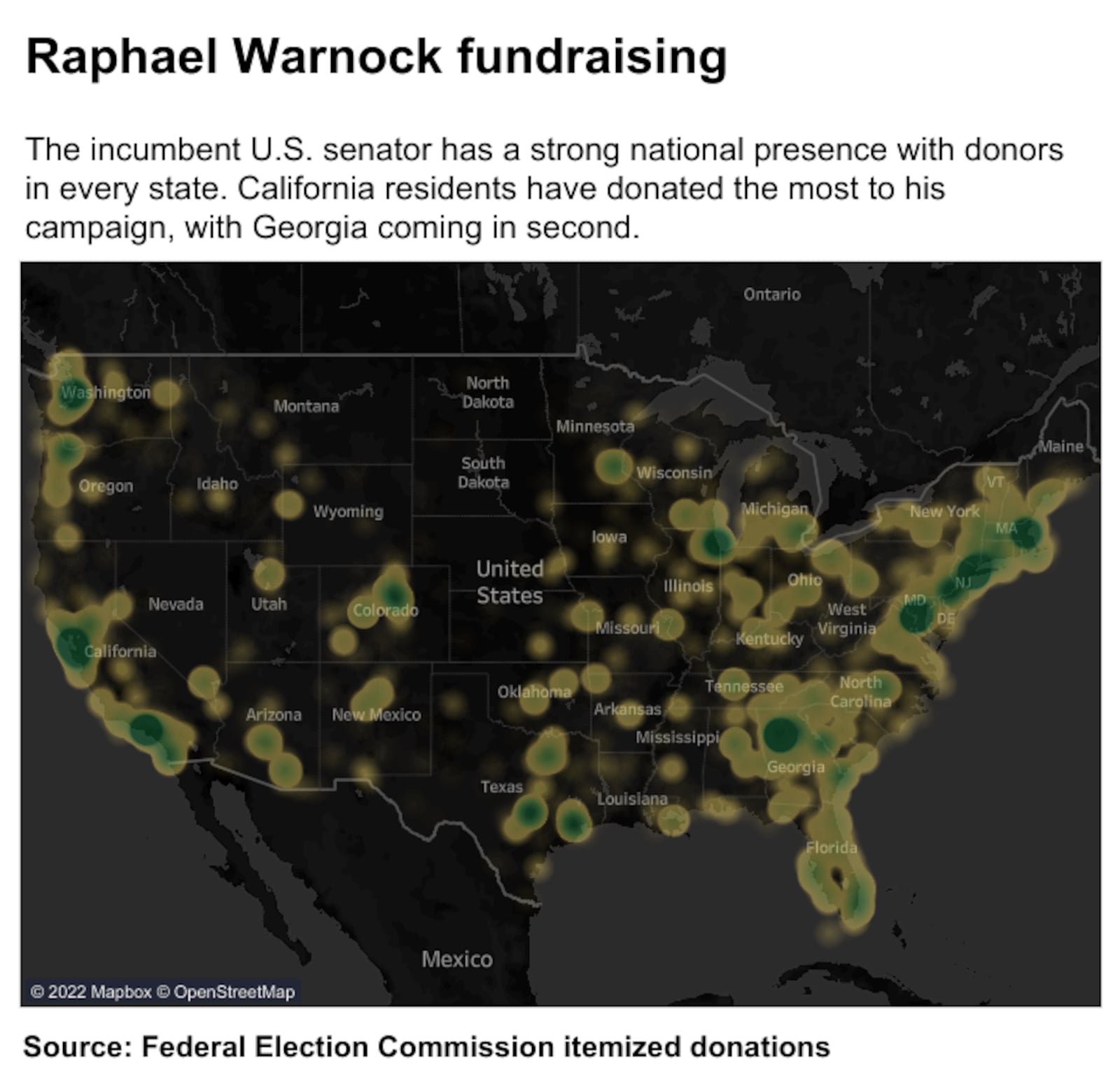 The incumbent U.S. senator has a strong national presence with donors in every state. California residents have donated the most to his campaign, with Georgia coming in second.