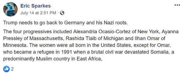 Eric Sparkes, who was accused of telling a black Georgia legislator to “go back where you came from,” was pretty stout in his feelings a week earlier what he thought of such sentiments. Facebook screengrab