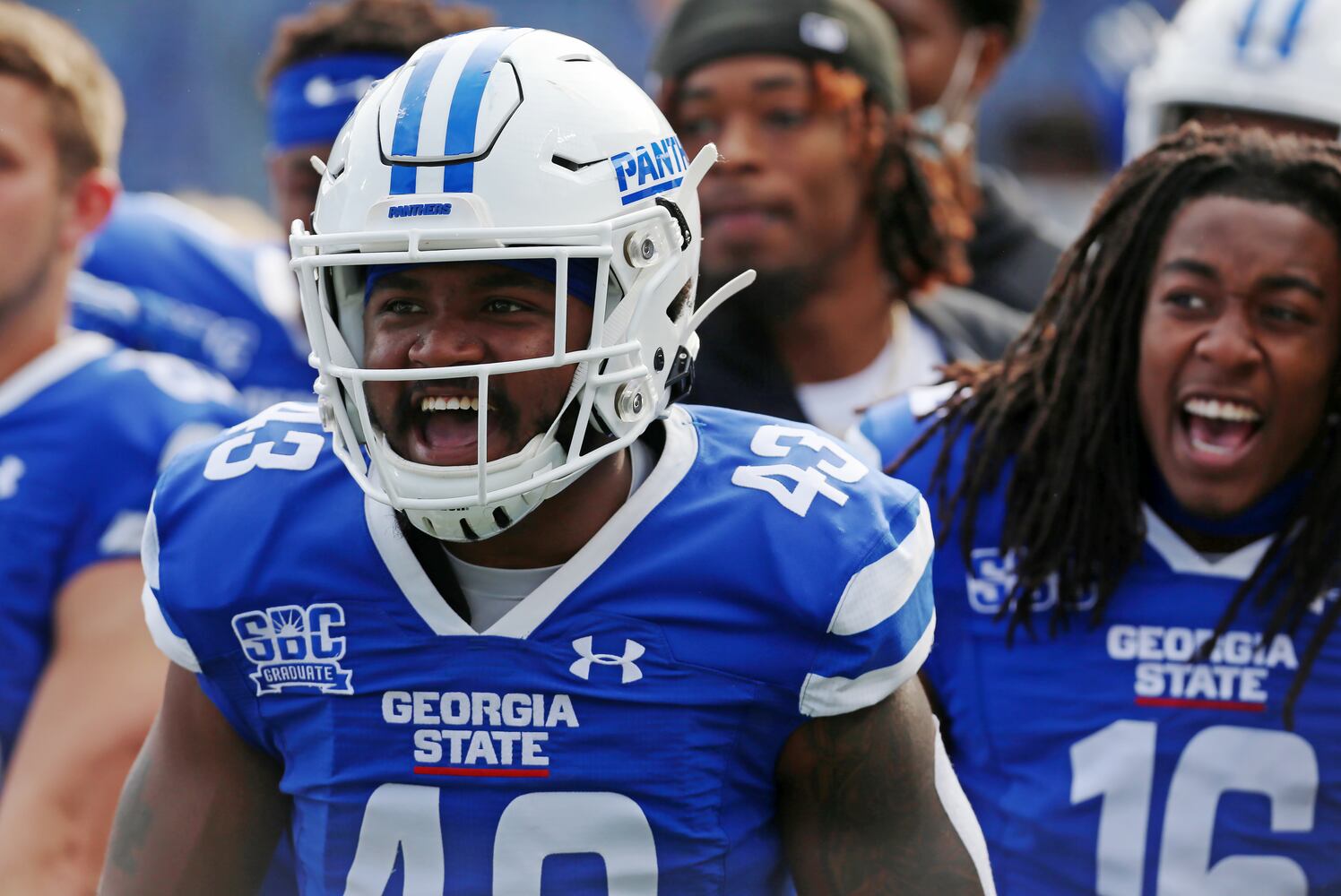 Deandre Bowman, wide receiver for Georgia State, cheers after a touchdown. CHRISTINA MATACOTTA FOR THE ATLANTA JOURNAL-CONSTITUTION