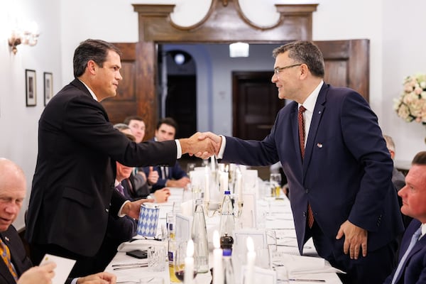 Former Lt. Gov. Geoff Duncan shakes hands with Bavarian State Minister Florian Herrmann in Munich. Duncan led a group of 14 Georgians, including six state senators, on an economic development trip to Germany and the United Kingdom. Photo credit Georgia Senate Press Office via Geoff Duncan's Twitter account.