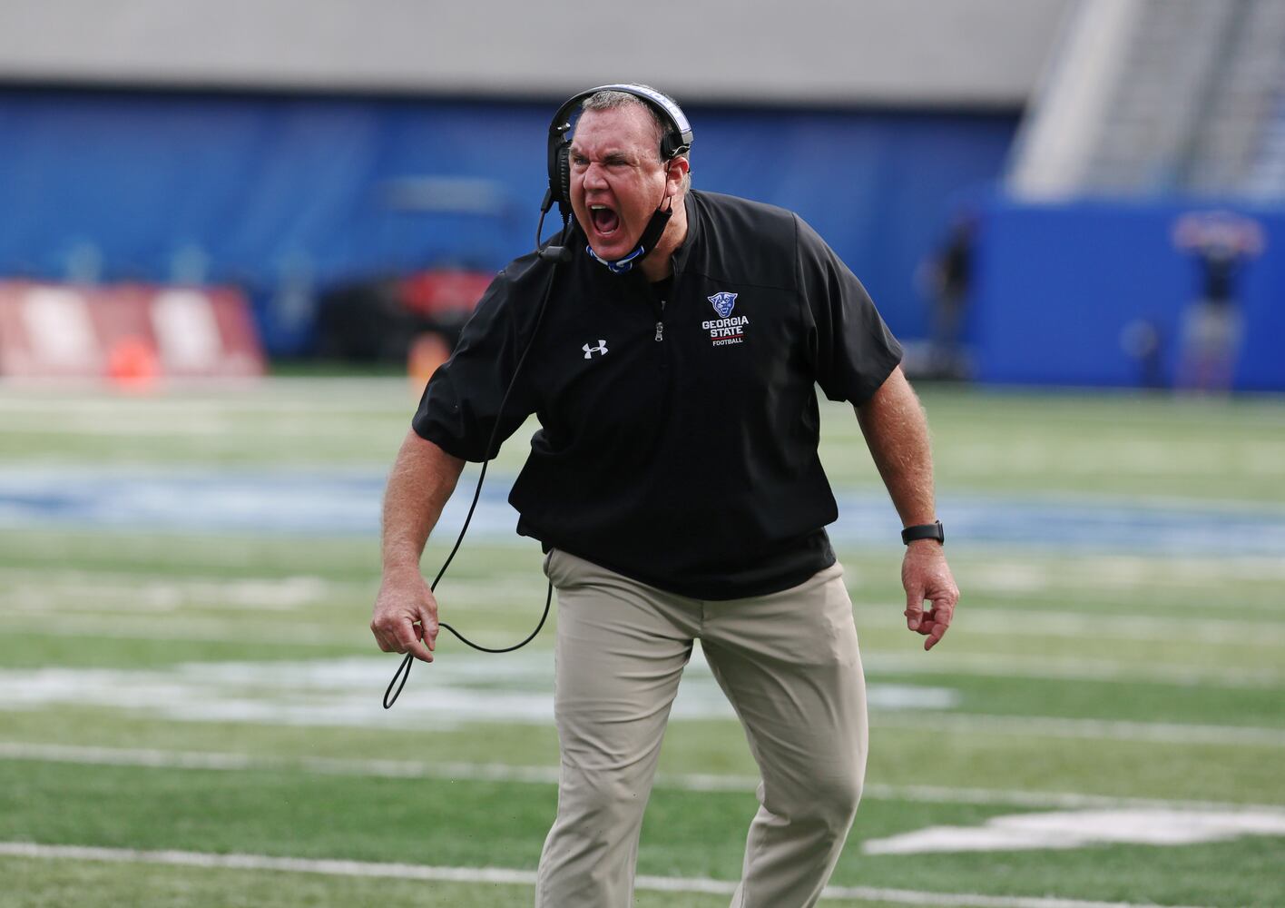 Shawn Elliott, head coach of Georgia State, yells at the referee. CHRISTINA MATACOTTA FOR THE ATLANTA JOURNAL-CONSTITUTION