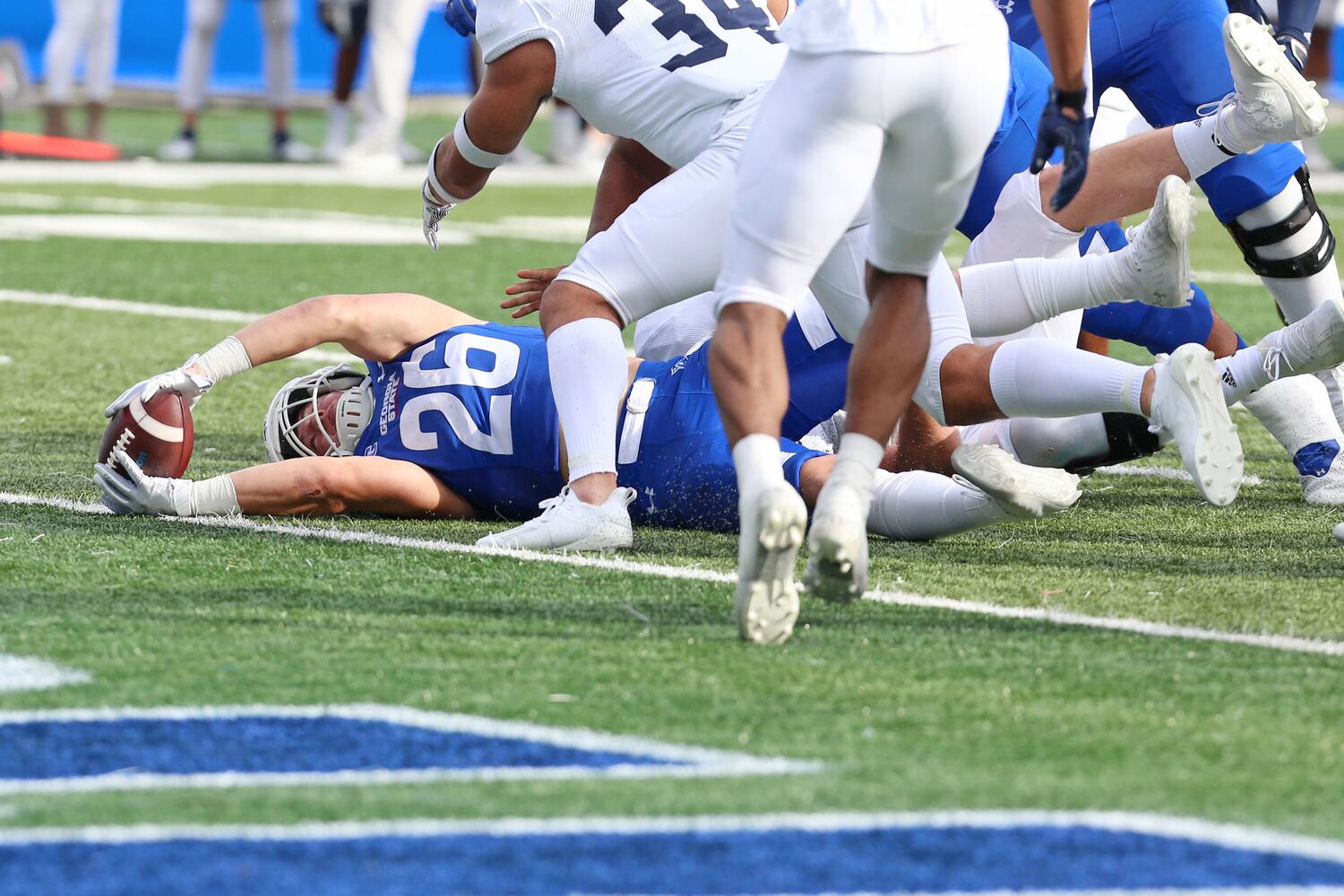 Tucker Gregg of Georgia State is tackled just short of the end zone. CHRISTINA MATACOTTA FOR THE ATLANTA JOURNAL-CONSTITUTION