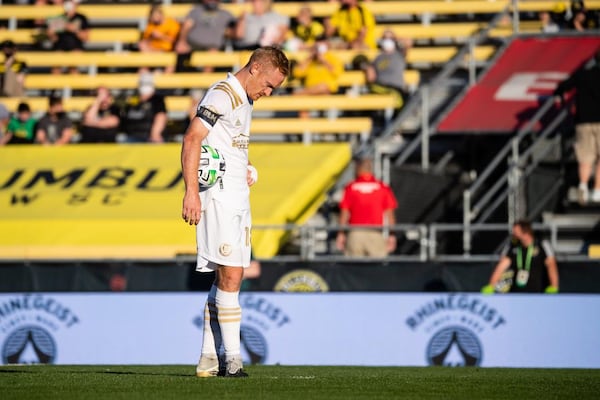 Atlanta United's Jeff Larentowicz reacts during a 2-1 loss in the final game of the regular season to Columbus on Sunday, Nov. 8, 2020, in Columbus, Ohio. (Atlanta United)