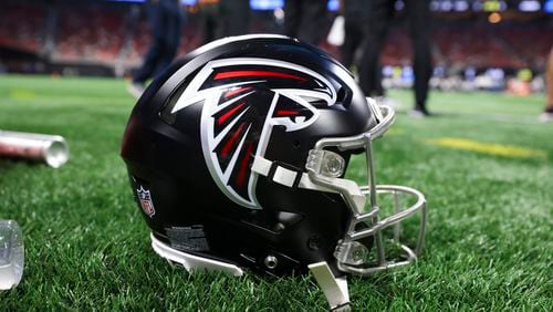 An Atlanta Falcons helmet is shown during their game against the Jacksonville Jaguars at Mercedes-Benz Stadium, on Friday, Aug. 23, 2024, in Atlanta. (Jason Getz / AJC)