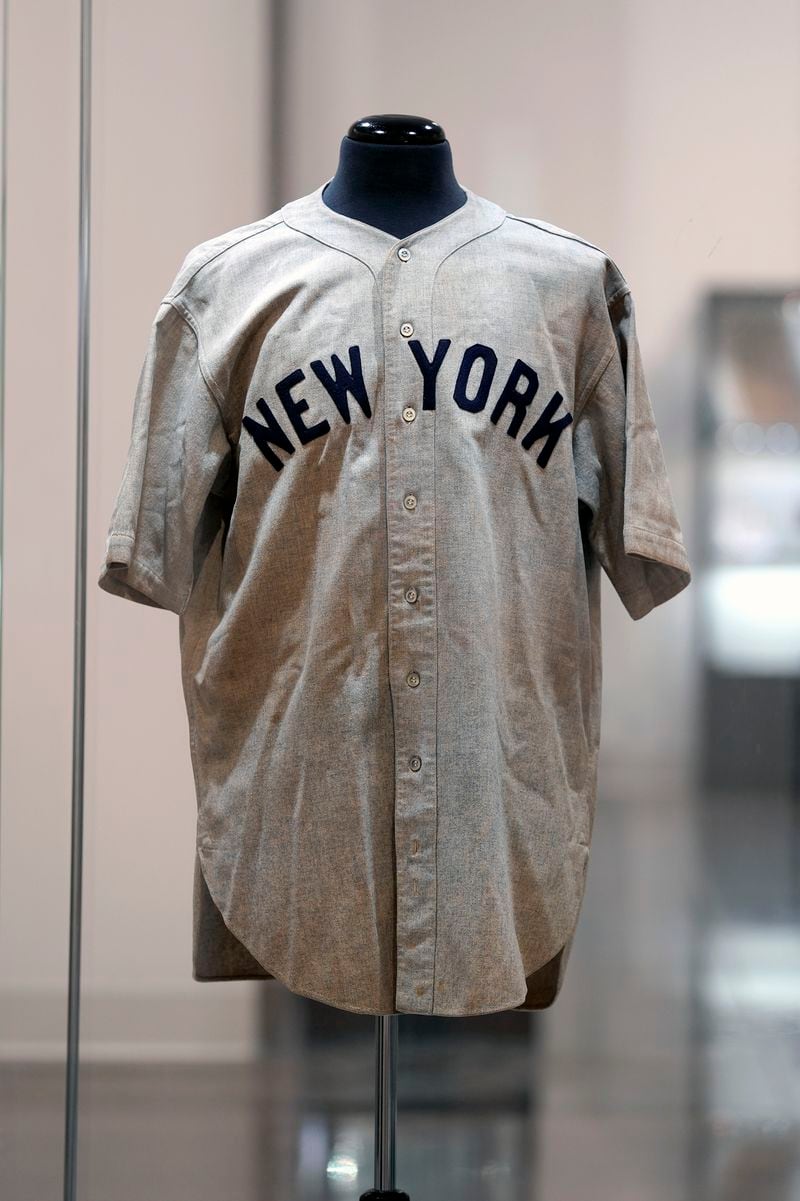 The 1932 Babe Ruth game worn New York Yankees World Series "Called Shot" jersey is displayed at Heritage Auction in Irving, Texas, Wednesday, Aug. 21, 2024. (AP Photo/LM Otero)