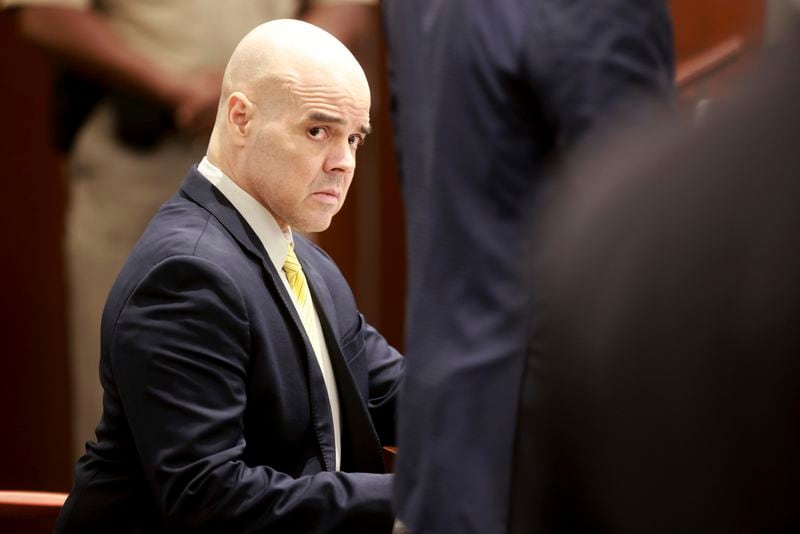 Robert Telles waits in the courtroom during a break in proceedings on the fourth day of his murder trial at the Regional Justice Center in Las Vegas, Thursday, Aug. 15, 2024. Telles, a former Clark County public administrator, is charged in the murder of Las Vegas Review-Journal investigative journalist Jeff German. (K.M. Cannon/Las Vegas Review-Journal via AP, Pool)