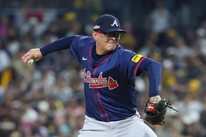 Atlanta Braves pitcher Jesse Chavez (60) delivers to the San Diego Padres during the sixth inning of National League Division Series Wild Card Game One at Petco Park in San Diego on Tuesday, Oct. 1, 2024.   (Jason Getz / Jason.Getz@ajc.com)