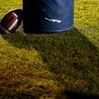 A football rests against the goalpost during the first half of a high school football game between Lanier and Dacula at Dacula High School in Dacula, Ga., on Friday, Oct. 26, 2018. (Casey Sykes for The Atlanta Journal-Constitution)