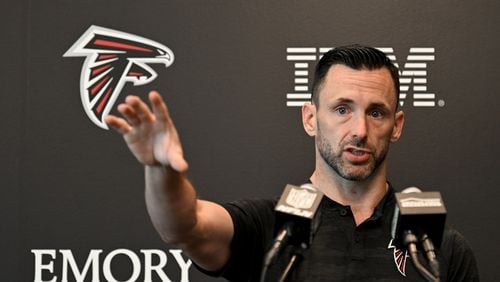 Atlanta Falcons assistant general manager Kyle Smith speaks to the media before the first day of 2023 AT&T Atlanta Falcons Training Camp at Atlanta Falcons Corporate Headquarters and Training Facility, Wednesday, July 26, 2023, in Flowery Branch. (Hyosub Shin / Hyosub.Shin@ajc.com)