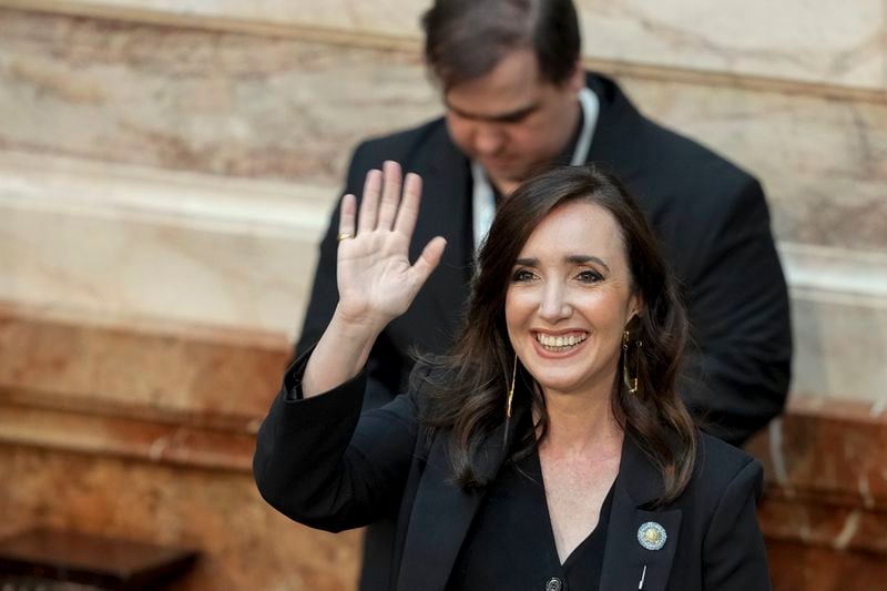 Victoria Villarruel, Argentina's vice president, arrives to President Javier Milei's presentation of the 2025 budget in Congress in Buenos Aires, Argentina, Sunday, Sept. 15, 2024. (AP Photo/Natacha Pisarenko)