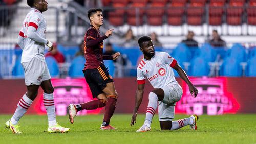 Atlanta United forward Luiz Araújo #19 scores the first goal of the match against Toronto FC at BMO Training Ground in Toronto, Ontario on Saturday October 16, 2021. (Photo by Jacob Gonzalez/Atlanta United)