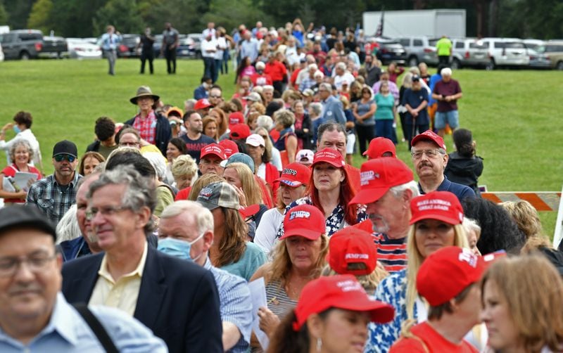 September 15, 2020 Cumming - People line up outside Reid Barn in Cumming before President Donald Trump's younger son, Eric Trump is scheduled to speak as part of the 'Evangelicals for Trump: Praise, Prayer, and Patriotism' event on Tuesday, September 15, 2020. Other guests include Pastor Paula White, Pastor Jentezen Franklin, Dr. Alveda King, Pastor Todd Lamphere, and Pastor Tony Suarez. (Hyosub Shin / Hyosub.Shin@ajc.com)