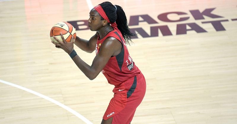 Atlanta Dream center Elizabeth Williams sets up for a shot during the second half of a WNBA basketball game against the Dallas Wings, Sunday, July 26, 2020, in Bradenton, Fla.