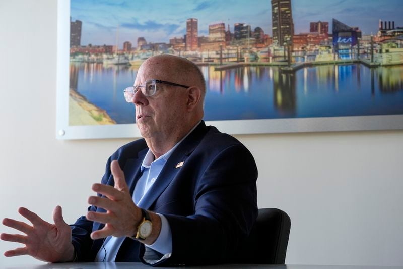 Former Maryland Gov. Larry Hogan speaks during an interview with the Associated Press, Tuesday, Aug. 27, 2024, in Annapolis, Md. (AP Photo/Stephanie Scarbrough)