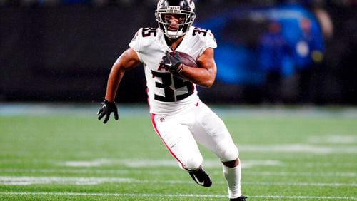 Atlanta Falcons cornerback Avery Williams runs against the Carolina Panthers during the first half of an NFL football game on Thursday, Nov. 10, 2022, in Charlotte, N.C. (AP Photo/Jacob Kupferman)