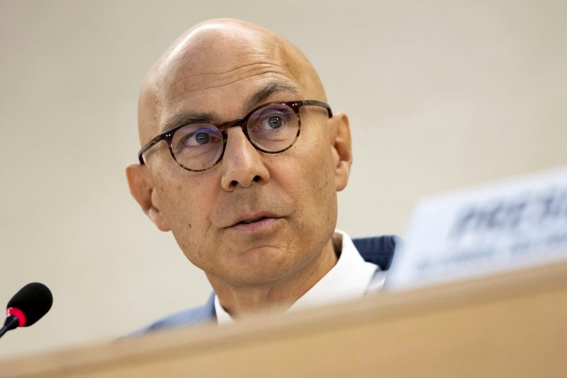 U.N. High Commissioner for Human Rights Volker Türk, presents a global update on human rights in the world, during the opening of the 57th session of the Human Rights Council at the European headquarters of the United Nations in Geneva, Switzerland, Monday, Sept. 9, 2024. (Salvatore Di Nolfi/Keystone via AP)