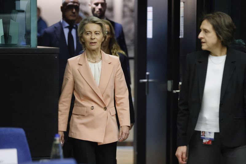 European Commission President Ursula von der Leyen arrives for a session at the European Parliament, Tuesday, Sept. 17, 2024 in Strasbourg. (AP Photo/Jean-Francois Badias)