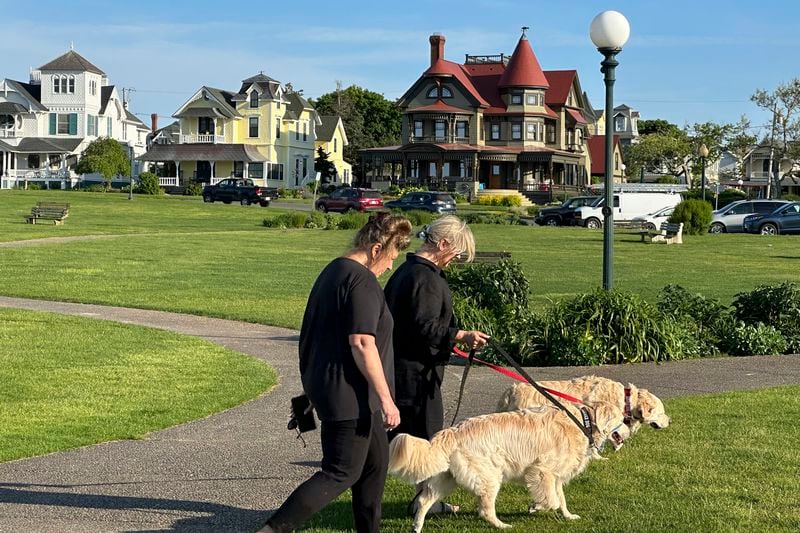 People walk dogs in front of homes, Tuesday, June 4, 2024, in Oak Bluffs, Massachusetts. High housing costs on Martha's Vineyard are forcing many regular workers to leave and are threatening public safety. (AP Photo/Nick Perry)
