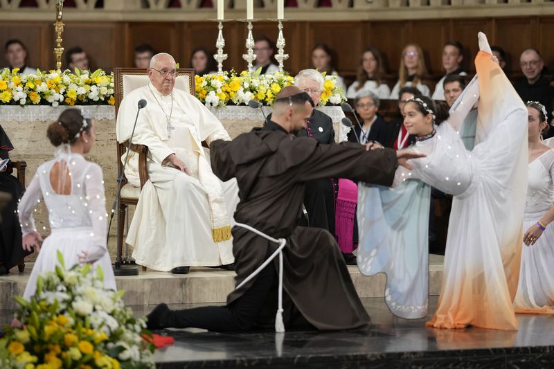 Pope Francis meets the Catholic Community in the Luxembourg's Cathedral of Notre-Dame in Luxembourg, Thursday, Sept. 26, 2024. (AP Photo/Andrew Medichini)